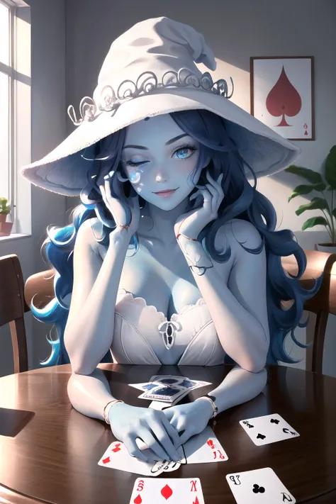 Highly detailed, High Quality, Masterpiece, beautiful, Ranni, <lora:Ranni:0.8>, 1girl, solo, wavy hair, blue skin, cracked skin, extra arms, seductive smile, PlayingCards, holding, card, table, holding card, sitting, indoors, playing card, pov across table...