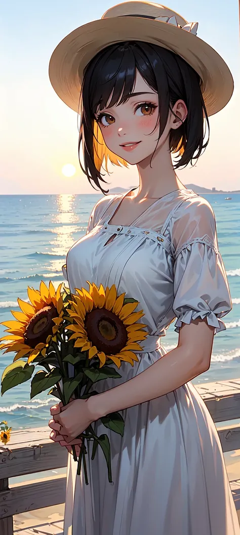 ((masterpiece:1.4, best quality:1.2)), 1girl with short bob cut hair, side ponytail, black hair, brown eyes, smile, white dress, sun hat, holding melon, spring (season), hot day, seaside view, beautiful view, incredible vista, dawn, sunlight shining, beaut...