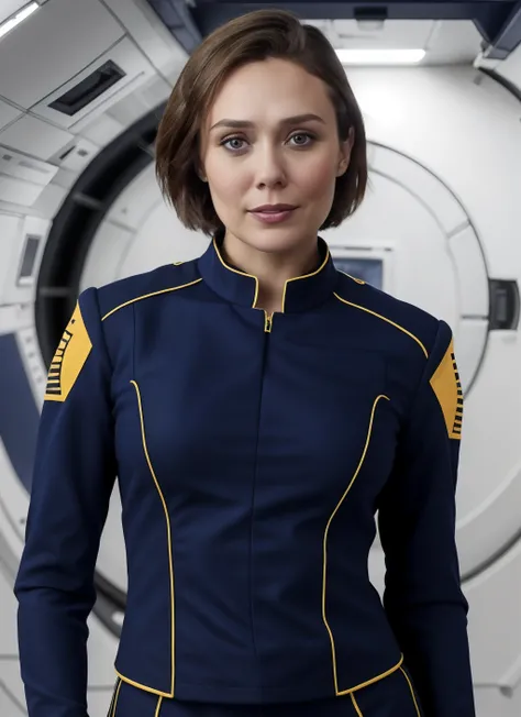 best quality, 1girl, solo, breasts, elizabeth_olsen, wearing (blue allianceuniform) in a space station, short hair, looking to the side , upper body, black hair, brown eyes, professional photography, ultra detailed, <lora:elizabeth_olsen_v3:0.6:FACE>, ...