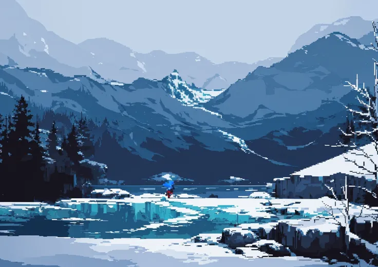 <lora:pixel art:1:background>,pixel art,outdoors:1,a woman,blue sea,snowing,