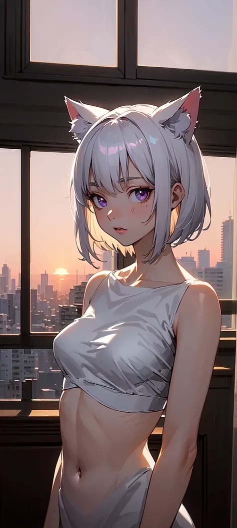 ((masterpiece:1.4, best quality:1.3)), cat ears, short hair, silver hair, white hair, purple eyes, apartment bedroom, apartment setting, window overlooking city in the background, dim-lit room, cold light, ((dawn:1.5)), extremely detailed anime face and ey...