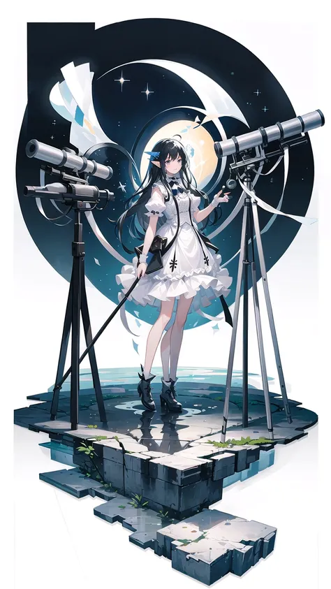 masterpiece,best quality, (white background:1.5) 1girl, far shot, full body, telescope, night, night sky, stars, black water, splash, light particles, dark magic, fairy, <lora:GachaGachaV1:0.6>, standing, standing on water, clear face,