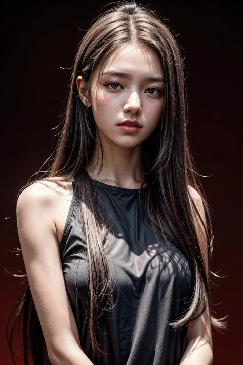 <lora:detailer:1> ,a 20 yo woman,long hair,dark theme, soothing tones, muted colors, high contrast, (natural skin texture, hyperrealism, soft light, sharp),red background,simple background