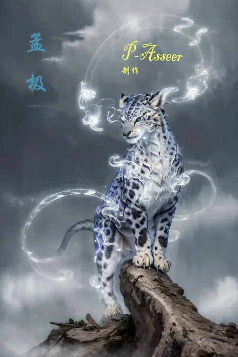 there is a digital painting of a snow leopard on a rock