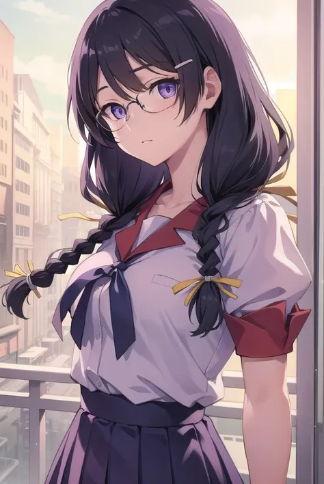 hanekawatsubasa, <lora:tsubasahanekawatest:1>, hanekawa tsubasa, long hair, black hair, hair ornament, (purple eyes:1.1), braid,...