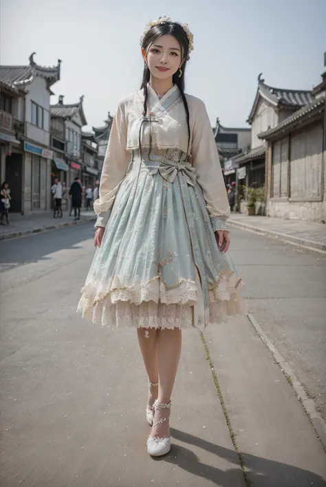 realistic, photorealistic, masterpiece, best quality, 1girl, solo, smile, looking at viewer, long black hair, cns_dress, standing, arms behind back, full body, (china jiangnan water town style:1.1), river, beautiful sky, netural lighting, <lora:cns_dress_s...