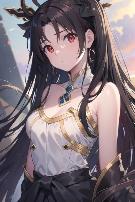 ishtar, <lora:ishtartest:1>, ishtar, ahoge, black bow, bow, black hair, earrings, hair bow, hair ornament, jewelry, long hair, (...