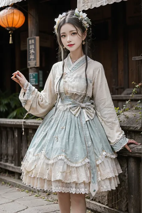 realistic, photorealistic, masterpiece, best quality, 1girl, solo, smile, looking at viewer, long black hair, cowboy shot, cns_dress, pettiskirt, standing, (china jiangnan water town style:1.1), beautiful sky, netural lighting,<lora:Cute Asian Face:0.65> ,...