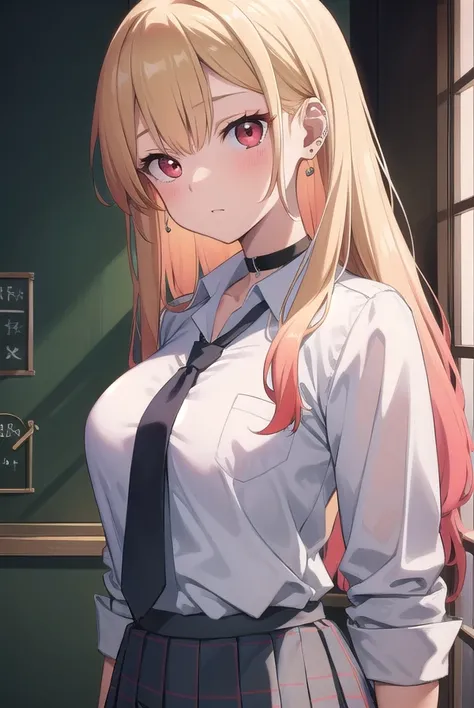 marinkitagawa, <lora:marinkitagawatest:1>, marin kitagawa, blonde hair, choker, ear piercing, earrings, long hair, piercing, (red eyes:1.5), straight hair, swept bangs,
BREAK black necktie, long sleeves, pleated skirt, school uniform, shirt, skirt, sleeves...