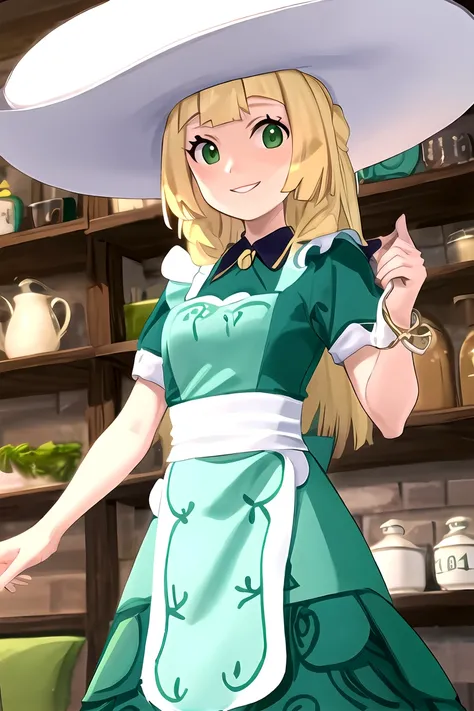 <lora:Lillie-10:0.8>, tealillie, green dress, hat, apron, smile, upper body,