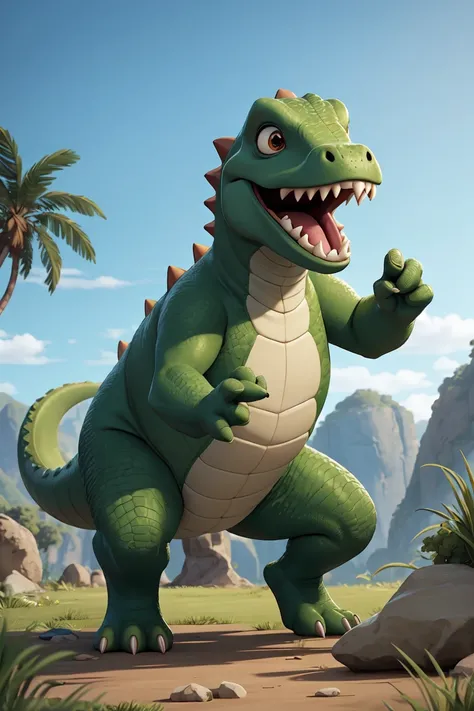 no humans,(best quality, masterpiece), green dinosaur, (two hands:1.2),(two legs:1.4),(one tail:1.2),standing,solo, sharp teeth, full body, open mouth, (jungle:0.7),grass, rock,jurassic period background, game scene mood map,Unreal Engine, cartoon rende...