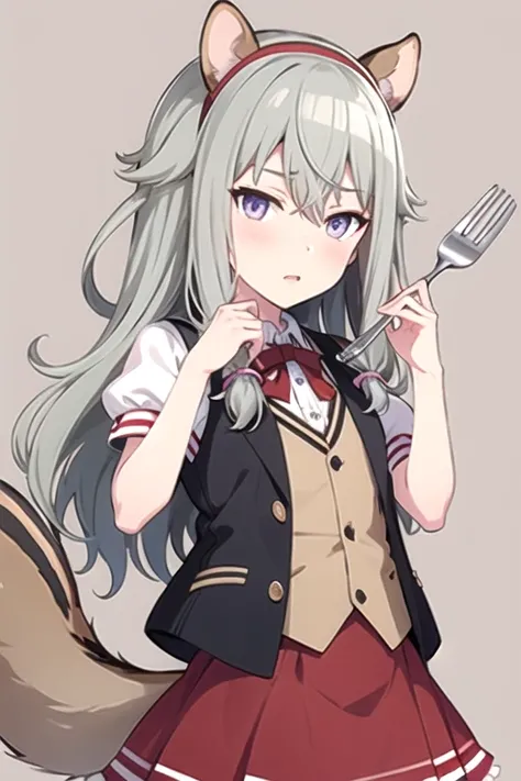 <lora:NotKyo-02:0.7> ,nene, 1girl , animal ears , black hairband , blush , brown background , brown vest , center frills , collared shirt , fake animal ears , fork , frills , grey hair , hair between eyes , hairband , hand up , holding , holding fork , lon...