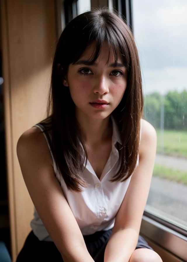 Water drops on window, heavy rain outside, Strong fluorescent light, sitting woman, 25 yo, (bangs hair:1.2), (desaturated hair, medium long hair:1.36),faint lips, cowboy shot, front view, wear a school uniform , in the train, rural landscape, window, on...