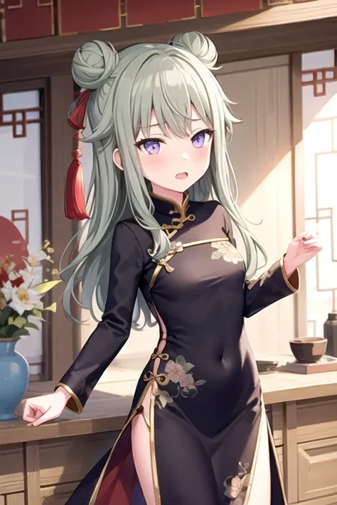 <lora:NotKyo-02:0.7> ,nene, 1girl, long hair, blush, purple eyes, skirt, green hair, chinese dress, gold trim , hairbun, baozi, double bun, floral print, china dress, black coat, black dress