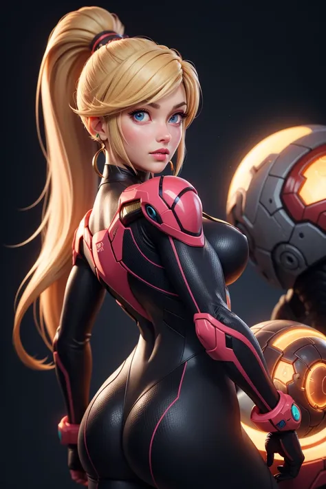 3dmm,1girl, absurdres, artist name, blonde hair, blue eyes, bodysuit, breasts, earrings, hair ornament, high ponytail, highres, jewelry, lips, long hair, looking at viewer, looking back, metroid, nintendo, nose, ponytail, samus aran, sidelocks, solo, swept...