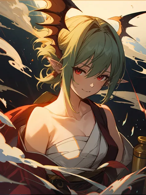 masterpiece,best quality,highres,cinematic lighting,dramatic angle,<lora:ShadowverseYuzukiV4-000024:0.8> ,green hair,pointy ear,looking at viewer,red eyes,collarbone,bare shoulders,kimono,japanese clothes,bandages,smile,head wings,drinking,sake,sakazuki,le...