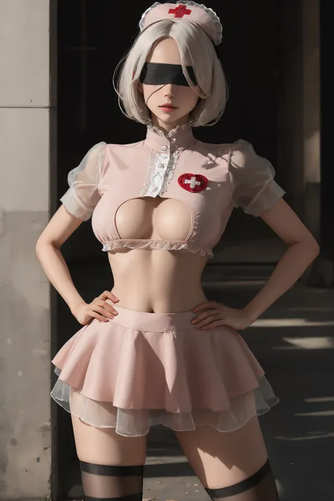 <lora:2b leotardV2:0.8>,masterpiece,best quality,covered eyes,hair over eyes,white hair,short hair,large chest,black blindfold,looking at viewer,hand on hip,
P_nurse,<lora:P_nurse_v1.0:0.65>,