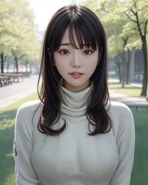 pureerosface_v1:0.3, best quality, photorealistic, 8k, high res, full color, 1girl, woman, 20 years old woman, (skindentation), (portrait:0.6), trees, park bench, daylight, ((park background:1.52)), full color, ((necksweater:1.68)), straight-looking at vie...