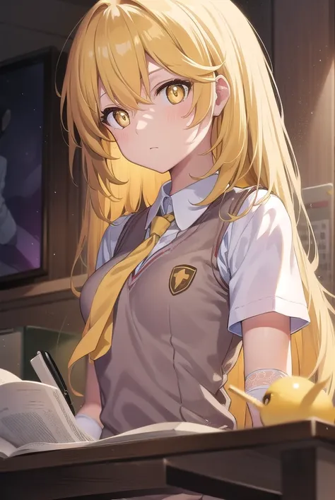 misakishokuhou, <lora:misakishokuhou:1>, misaki shokuhou, blonde hair, hair between eyes, long hair, symbol-shaped pupils, (yellow eyes:1.5)
BREAK elbow gloves, gloves, school uniform, short sleeves, summer uniform, sweater vest, tokiwadai school uniform, ...