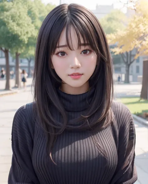 pureerosface_v1, best quality, photorealistic, 8k, high res, full color, 1girl, woman, 20 years old woman, (closed mouth:1.2), (skindentation), (portrait:0.6), trees, park bench, daylight, ((park background:1.52)), full color, ((necksweater:1.68)), straigh...