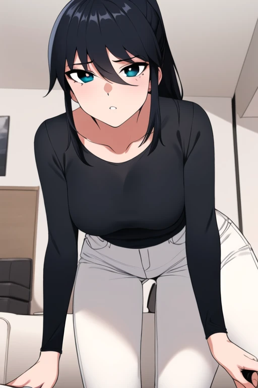 ((masterpiece, best quality)),(((1girl))),indoors,large_breasts, sia,leaning_forward, looking_at_viewer,ponytail,black_hair,  breasts,black shirt,((white pants)),pov,<lora:siav1:0.75>