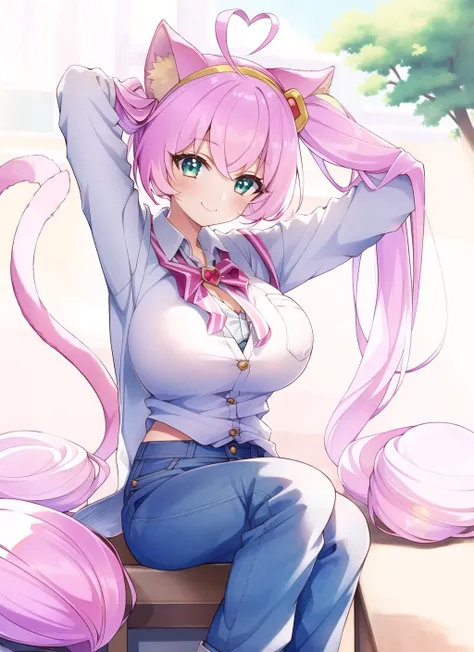 (masterpiece:1.3), (best quality:1.2),1girl, solo, cat ears, pink hair,tail,ahoge,smile, green eyes,[ (lo*i:1.4), (cute:1.4), (little girl:1.4), (Child body:1.4):(huge breasts):0.2],arm_behind_head, cardigan long jeans pants bowler hat