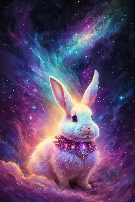 splash art of an up close portrait of a nebulae bunny floating in sparkling space clouds, wearing a jeweled collar, made of glitter space dust, 8k, high quality, fantasy, digital illustration, beautiful lighting, concept art,