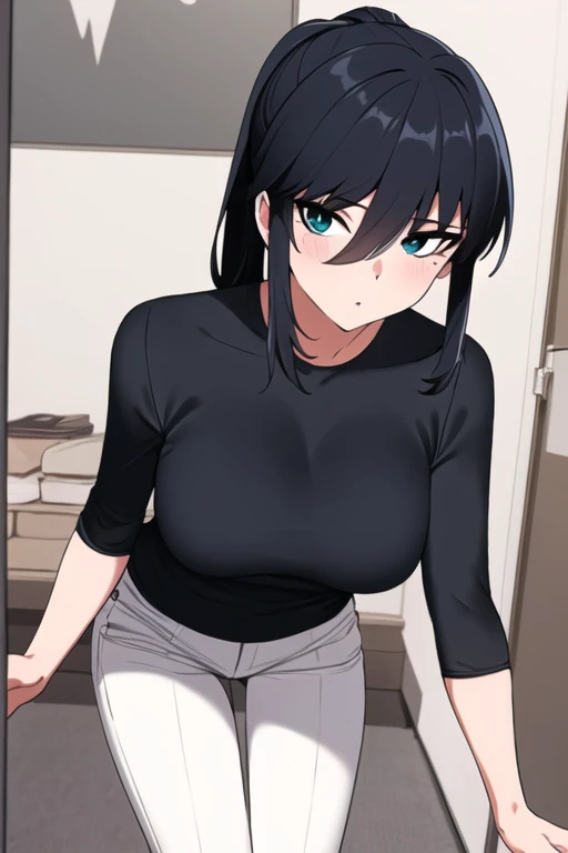 ((masterpiece, best quality)),(((1girl))),indoors,large_breasts, sia,leaning_forward, looking_at_viewer,ponytail,black_hair,  breasts,black shirt,((white pants)),pov,<lora:siav1:0.75>