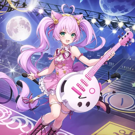 1girl, solo, cat ears, pink hair,tail,ahoge,,full body,blush,green eyes,
1girl, animal_ears, aurora, bangs, beamed_eighth_notes, blunt_bangs, boots, card_(medium), city_lights, concert, confetti, constellation, crescent_moon, cross-laced_footwear, electric...