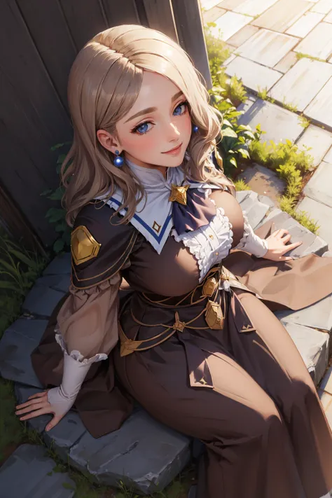 masterpiece, best quality, hopesMercedes, medium hair, blue ascot, long brown dress, large breasts, looking at viewer, sitting on the ground, from above, smile <lora:mercedes-nvwls-v2-000012:0.8>