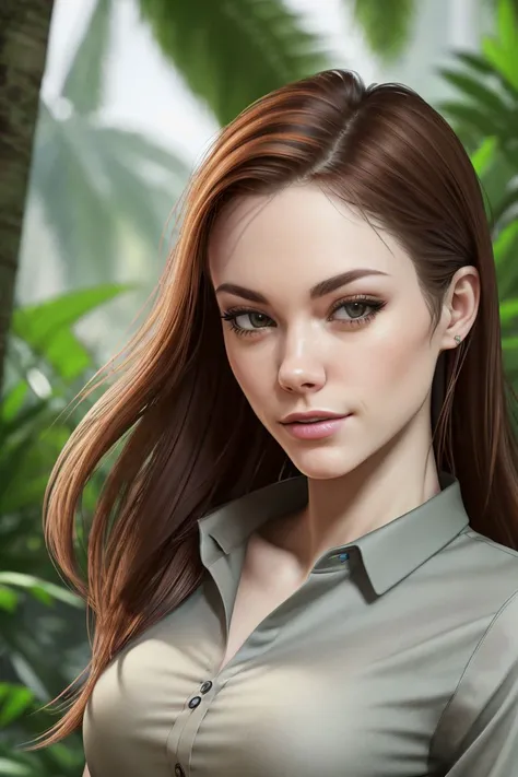 closeup portrait of S089_LizOcean, an attractive woman, in a (jungle:1.2), wearing a gray (shirt), (8k, RAW photo, best quality, DOF, ultra high res:1.2), (absurdres, intricate, photorealistic, masterpiece, ultra-detailed, Unreal Engine:1.3)