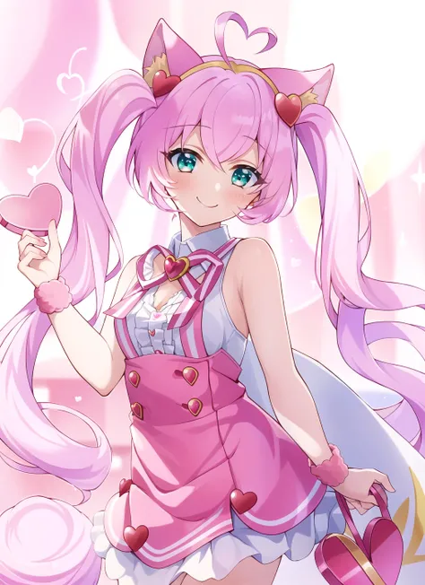 (masterpiece:1.3), (best quality:1.2),1girl, solo, cat ears, pink hair,tail,ahoge,smile, green eyes, (heart-shaped_box:1.2),(holding_gift),(gift box),(valentine:1.2),