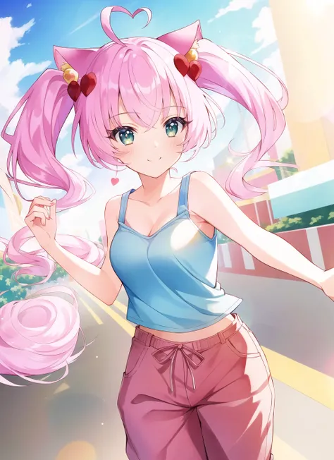 (masterpiece:1.3), (best quality:1.2),1girl, solo, cat ears, pink hair,tail,ahoge,smile, green eyes,<lora:rosia_30_AdaFactor:1>tank top long  pants   ,Deep depth of field