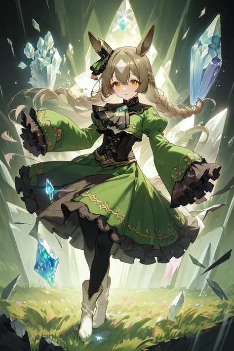 masterpiece, best quality,
satono diamond (umamusume),
(field of multicolored crystal:1.3), floating, full body,  
sleeves past wrists, sleeves past fingers, frilled sleeves, frills, long sleeves, corset, green dress, braid, ascot, green jacket, green skir...