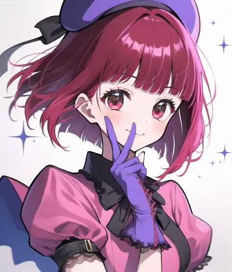 AirmaKana; fanart; 1girl, solo, finger to mouth, finger to cheek, hat, upper body, blue headwear, dress, lace-up gloves, short sleeves, pink dress, puffy sleeves, index finger raised, yellow gloves, idol, gloves, short hair, bob cut, signature, sparkle, be...