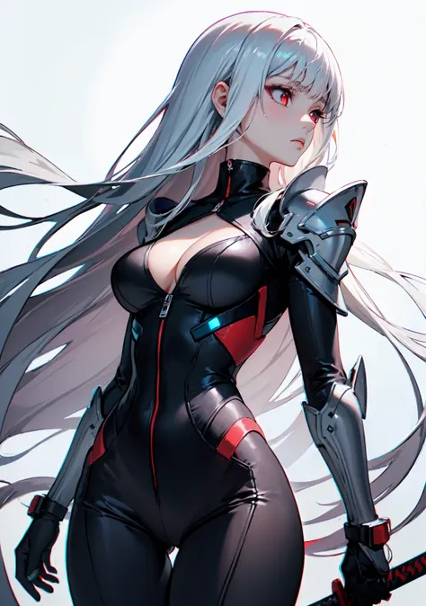 ((masterpiece:1.4, best quality:1.2)), 1girl, solo focus, tall female, delicate face, stern expression, extremely detailed anime face and eyes, beautiful white armor, hourglass figure, white hair, gradient hair, very long hair, red eyes, glowing eyes, cybe...