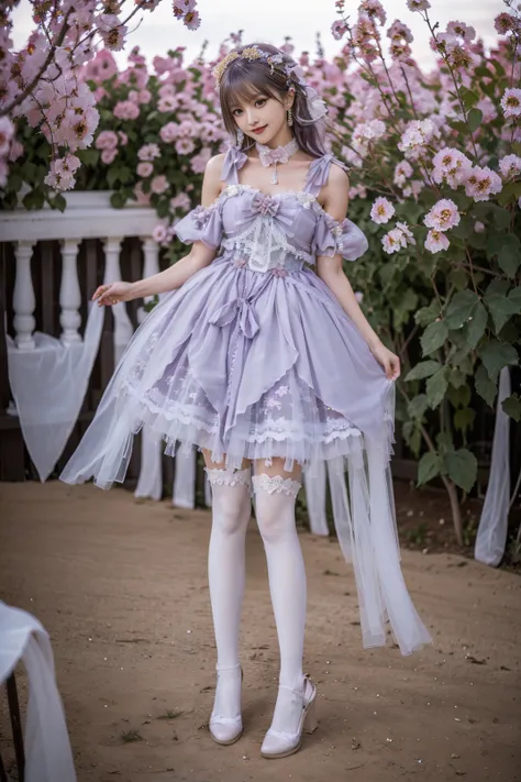 realistic, photorealistic, 8k, ultra detail, HDR, masterpiece, best quality, lo_dress, purple  dress, 1girl, solo, slim, smile, cute, looking at viewer, long black hair, full body, white pantyhose, standing, natural lighting, garden, flower, depth of field...