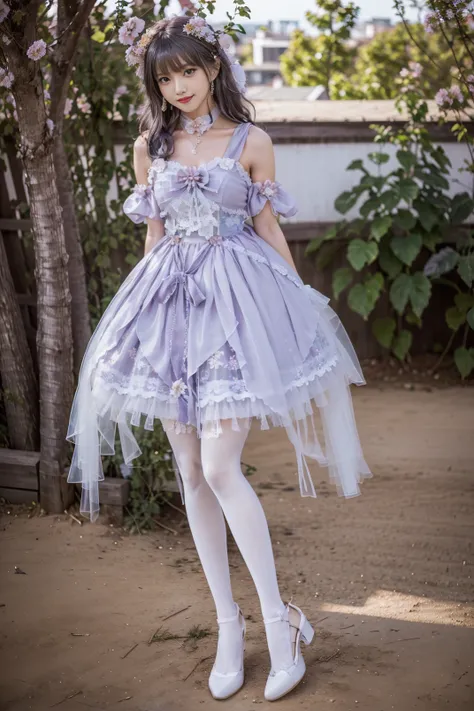 realistic, photorealistic, 8k, ultra detail, HDR, masterpiece, best quality, lo_dress, purple  dress, 1girl, solo, slim, smile, cute, looking at viewer, long black hair, full body, white pantyhose, standing, natural lighting, garden, flower, depth of field...