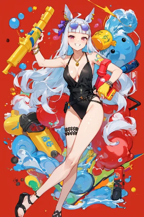 masterpiece, best quality,
gold ship (umamusume),
(holding water gun:1.2), grin, (abstract background:1.2), 
official alternate costume, sunglasses, necklace, jewelry, black one-piece swimsuit, casual one-piece swimsuit, cleavage, bare shoulders, arm tatto...