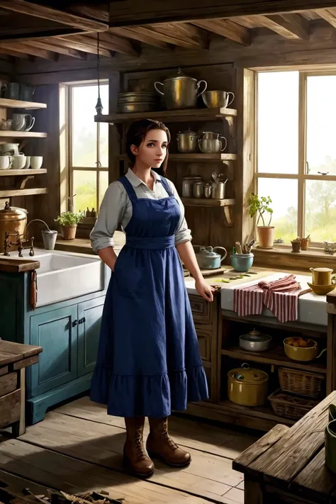 woman standing in farmhouse kitchen (Clutter-Home:1) bright morning light shining through window (masterpiece:1.2) (illustration:1.2) (best quality:1.2) (detailed) (intricate) (8k) (HDR) (cinematic lighting) (sharp focus)