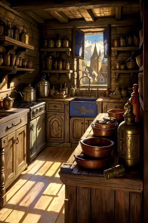 medieval town tavern interior Clutter-Home bright morning light shining through window, (zrpgstyle) (masterpiece:1.2) (illustration:1.2) (best quality:1.2) (detailed) (intricate) (8k) (HDR) (cinematic lighting) (sharp focus)