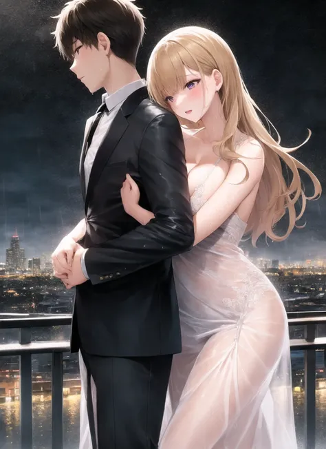 1girl,1boy, hug from behind, long dress, formal, heavy rain, storm, soaking wet, outdoors, cityscape, side view,cleavage,see-through