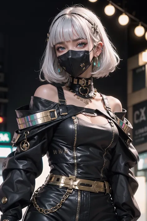 goth_punk, 1girl, robot, solo, medium shot, walking in Harajuku, ((night time:1.2)), bokeh, neon light, (colourful background:1.2), iridescent eyes, starry sky, white shimmer hair, white eyebrow, glowing hair, (iridescent white hair), earrings, bangs, jewe...