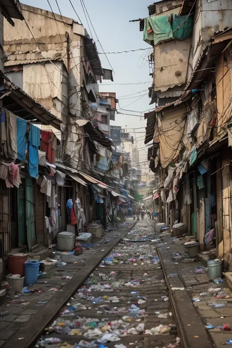 alley, slumparea full of trash at jakarta, trash can, garbage, trash, plastic bag, dirty, slum city, poverty, dim light, epic, cityscape, dawn, clear sky, tree, railroad, cable, dramatic, river, <lora:ARWSlumpArea:1>