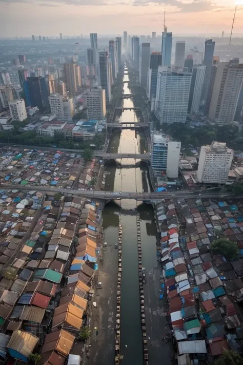 from above, slumparea full of trash at jakarta, trash can, garbage, trash, plastic bag, dirty, slum city, poverty, dim light, epic, cityscape, dawn, clear sky, tree, railroad, cable, dramatic, river,