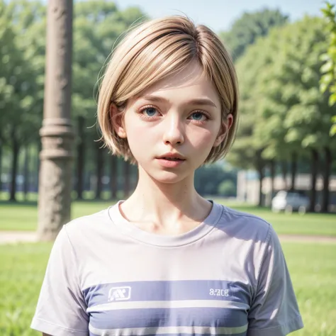 blond woman with short hair and blue eyes standing in a park