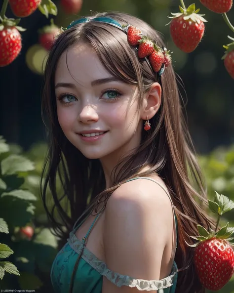 photo RAW,(masterpiece, cinematic quality, Pino Daeni concept art, Jeremy Mann, close-up, little girl, smile, joy, anime, in strawberry garden, ripe strawberries, sunlight, fun, dynamic light, cartoon style, digital painting, high quality, 8K, HDR, Ultra-H...