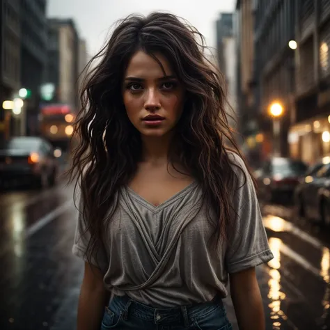 A cinematic up close photo capturing a young woman with expressive brown eyes and messy brunette hair, in the middle of a dramatic scene. She wears a casual t-shirt and distressed jeans. The background unfolds a rainy city street, immersing the viewer in t...
