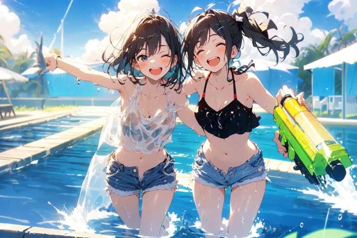(masterpiece:1.2), best quality,cozy anime,
multiple girls, 2girls, smile, shorts, short shorts, open mouth, water gun, one eye closed, navel, outdoors, black hair, day, looking at viewer, shirt, crop top, open fly, bare shoulders, holding, thighs, sleevel...