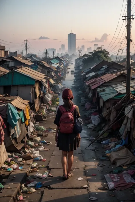 1 girl, stand in front, portrait of slumparea full of trash at jakarta, trash can, garbage, trash, plastic bag, dirty, slum city, poverty, dim light, epic, cityscape, dawn, clear sky, tree, railroad, cable, dramatic, river
